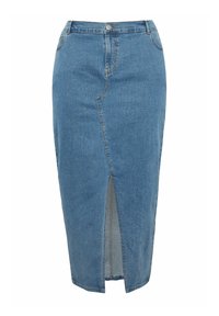 Vaaleansininen farkuhame, jossa on edessä halkio. Tyylissä on tiukka siluetti, viisi taskua ja yllekkäinen napitus.