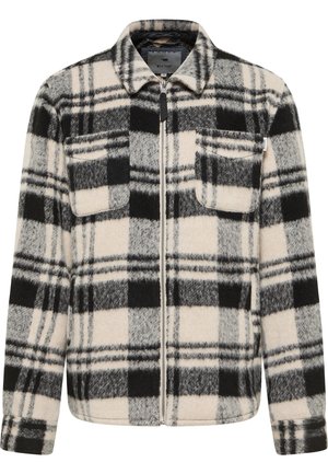 Kurtka w kratę w odcieniach beżu, czerni i szarości. Posiada pełny zamek błyskawiczny, kołnierz, dwie kieszenie na piersi oraz miękki, teksturowany materiał.