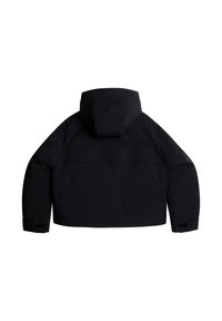 Svart isolerad jacka med huva, som visar en slät textur och en något kortad design. Har förstärkta sömmar och justerbara muddar.