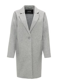 Grijze wollen blend jas met een notch kraag, single knoopsluiting en twee zijzakken. Heeft een rechte pasvorm en een middellange ontwerp.