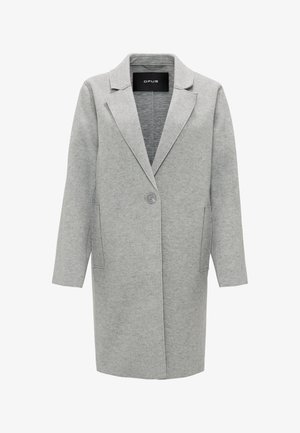 Grijze wollen blend jas met een notch kraag, single knoopsluiting en twee zijzakken. Heeft een rechte pasvorm en een middellange ontwerp.