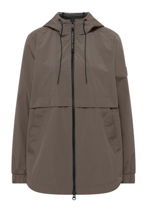 Chaqueta ligera marrón con capucha, cremallera frontal, cordones en la capucha, dos bolsillos frontales inclinados y puños elásticos.