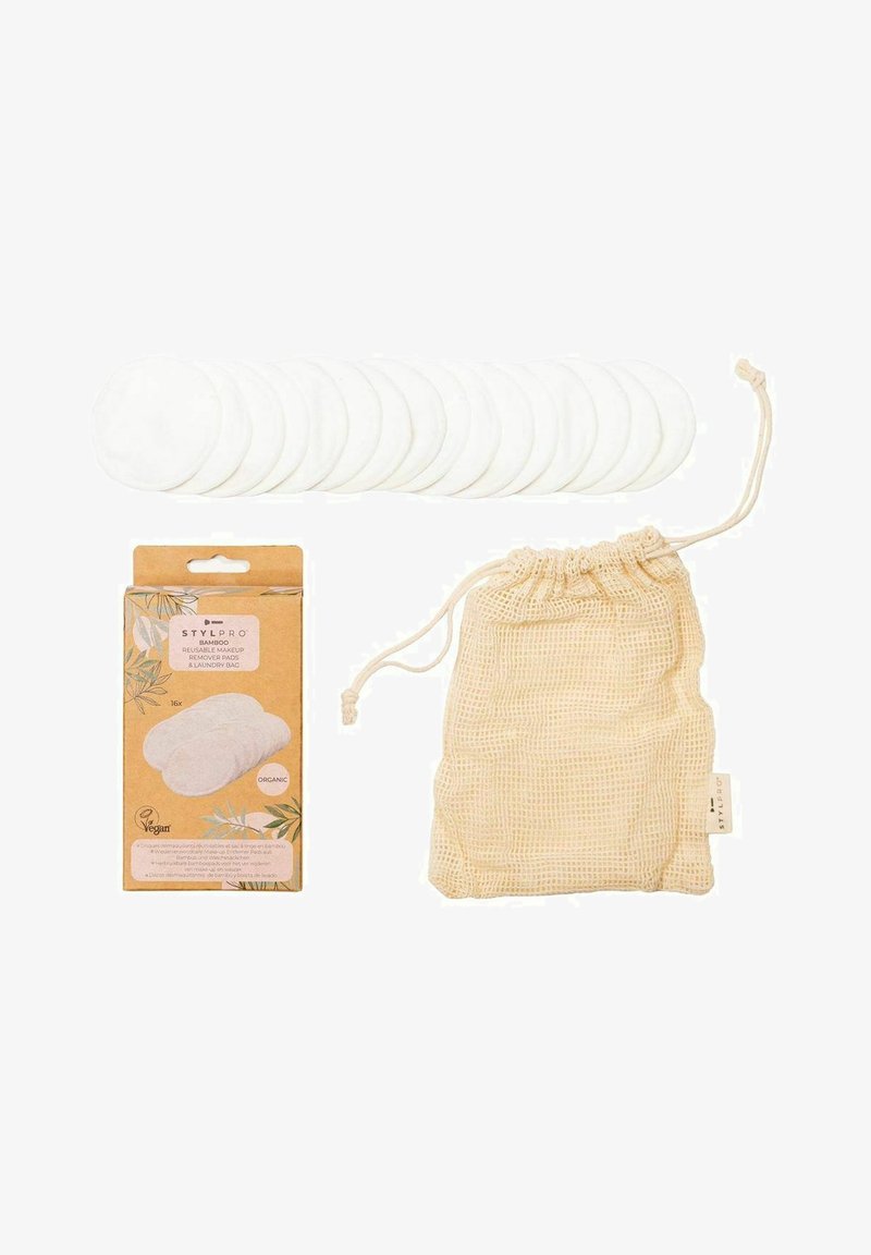Reusable bamboo makeup remover pads, white, circular, soft texture, with accompanying natural mesh laundry bag and cardboard packaging.