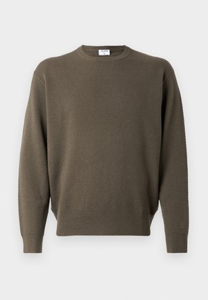 Kaki grønn genser med teksturert mønster, rund hals og ribbestrikkede mansjetter og kant. Lett stoff, uformell design uten dekorasjoner.