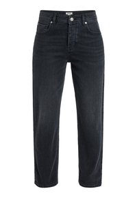 Jeans de mezclilla negra con un ajuste holgado, cintura de altura media, diseño de cinco bolsillos y detalles de costura sutil a lo largo de las costuras.