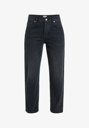 Black denim jeans with a relaxed fit, mid-rise waist, five-pocket design, and subtle stitching detail along the seams.