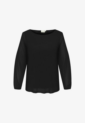 Must mustripplede pikkade varrukkatega must topp, ümmarguse kaelusega, läbipaistvate varrukatega, sujuva materjaliga ja vabalt langeva lõikega. Sildike on nähtav kaeluse sees.