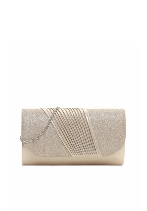 Shimmering beige clutch purse with diagonal pleated design and silver chain strap against white background.