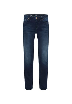 Dark blue denim jeans with a slim fit, featuring five pockets, a front button closure, and subtle fading details on the legs.