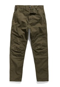 Olivgröna byxor i kraftigt tyg, med knäppning fram och dragkedja, snedställda fickor och knäskydd för extra hållbarhet.