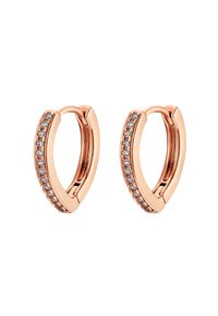Orecchini a cerchio in oro rosa con una finitura lucida e una fila di piccoli gemmiani trasparenti lungo un bordo. Forma rotonda con un meccanismo di chiusura a cerniera.