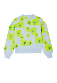 Pull bleu clair à manches longues avec des motifs floraux jaune-vert vif sur le dos et les manches.