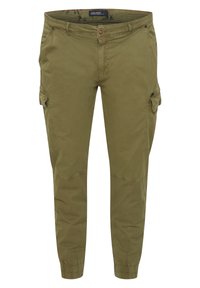 Olivgrüne Cargo-Hosen mit elastischen Bündchen, Knopfverschluss, Seitentaschen und einem glatten Baumwoll-Mischgewebe, das dezente Nähte aufweist.