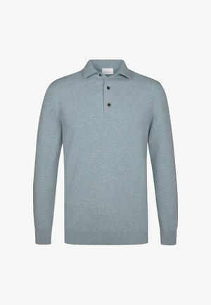 Poloshirt met lange mouwen in lichtblauw, gemaakt van een zachte stof. Voorzien van een knoopsluiting met drie knopen en geribde manchetten, met een klassiek kraagontwerp.