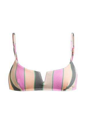 Pruhovaný bikini top s síťovinovou texturou, v barvách růžové, broskvové, šedé a zelené. Nastavitelné ramínka a hluboký výstřih.
