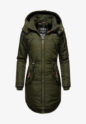 Grøn parka-jakke med hætte, lynlåslukning, justerbar talje, to forlommer og teksturerede detaljer på lommerne. Forestillet inderside.