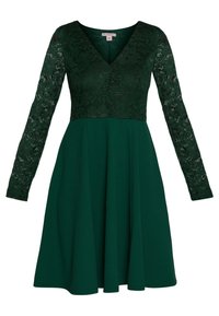Grünes Kleid mit einem taillierten Spitzenoberteil und langen Spitzenärmeln, einem V-Ausschnitt und einem schwingenden Rock aus glattem Stoff.