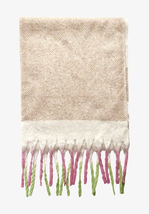 Geweven sjaal in beige met een textuurpatroon. Heeft een witte band aan de onderkant, versierd met franjes in roze en groen.