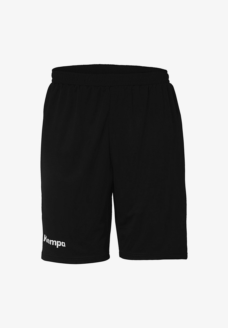 Schwarze Sportshorts aus leichtem Material mit einem elastischen Bund. Mit einem weißen "Kempa"-Logo auf der unteren linken Vorderseite.
