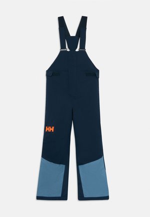 Pettorina blu navy con toppe azzurre sulle ginocchia, spalline regolabili, tasche laterali con velcro e logo arancione "HH" sulla gamba sinistra.