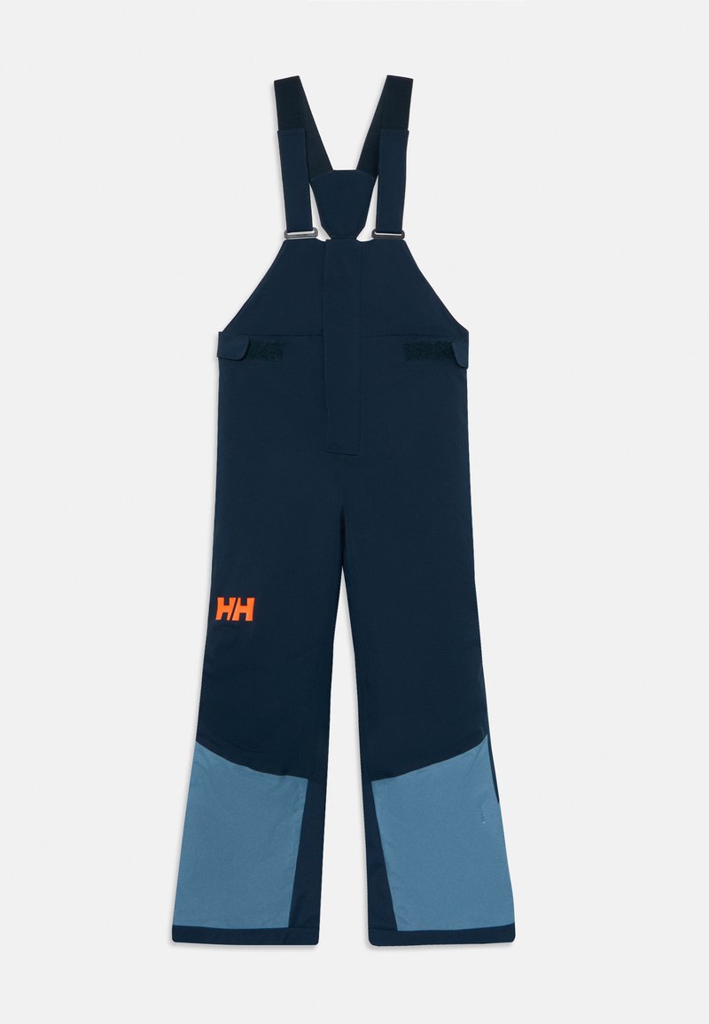 Marineblå arbeidsbukser med lyseblå kneputer, justerbare skulderstropper, borrelåslommer på siden og oransje "HH"-logo på venstre ben.