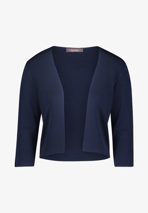 Cardigan léger bleu marine avec une ouverture sur le devant et des manches trois-quarts. Texture côtelée ; sans fermetures ni embellissements.