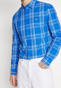 Camicia a quadri blu con strisce blu scuro, blu chiaro e bianche. Materiale in cotone; presenta un piccolo logo e polsini con bottone.