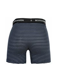 Blaue gestreifte Boxershorts mit weißen Streifen, ausgestattet mit einem schwarzen Bund mit "SCOTCH&SODA"-Logo. Hergestellt aus weichem Stoff.