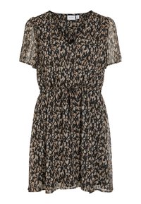Robe courte à imprimé léopard noir et marron, col en V, manches courtes transparentes, taille élastique et ceinture à nouer devant.