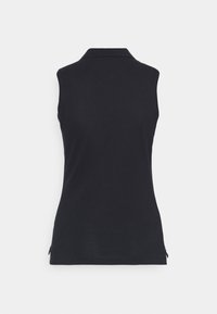 Polo sans manches noir en tissu lisse, dotée d'un col classique et d'entailles sur les côtés pour faciliter le mouvement.