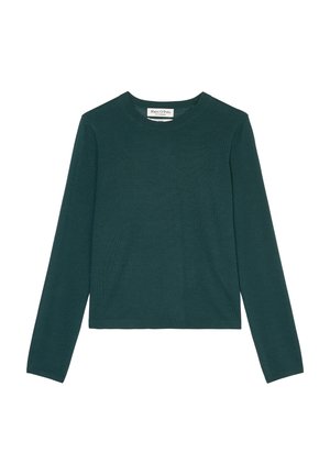 Pull vert foncé à manches longues, col rond, avec un ourlet droit et une petite étiquette de marque visible à l’intérieur du col.