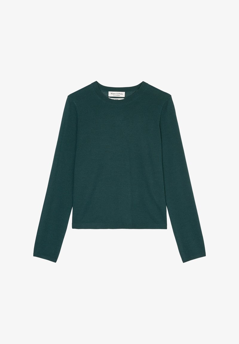 Pull vert foncé à manches longues, col rond, avec un ourlet droit et une petite étiquette de marque visible à l’intérieur du col.