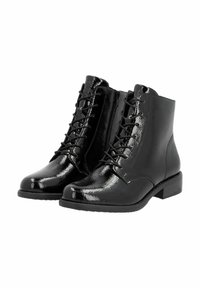 Botas negras hasta el tobillo hechas de cuero sintético brillante, con puntera redonda, cordones en la parte delantera y un tacón bajo cuadrado.