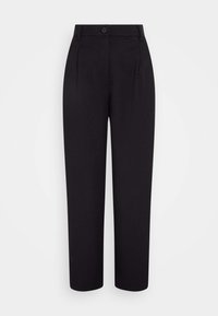 Pantalon noir à coupe droite, avec des plis devant et une fermeture par un seul bouton. Confectionné dans un tissu lisse avec une finition nette.