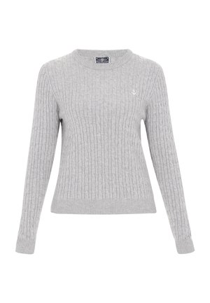 Grå strikket sweater med kabelmønster, rund hals, ribbede manchetter og kant, med et lille hvidt ankerlogo på brystet.