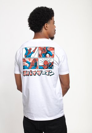 White cotton t-shirt with a comic-style graphic on the back featuring Spider-Man in four panels, accented with red and blue colors.