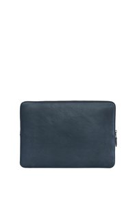 Granatowa skórzana torba na laptopa, prostokątny kształt, gładka tekstura, z górnym zamkiem błyskawicznym i minimalistycznym designem bez zewnętrznych kieszeni.