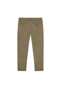 Παντελόνια σε ελιά πράσινο με ομαλή υφή, που διαθέτουν δύο πίσω τσέπες με καφέ κουμπιά και σχεδίαση με ίσια μπατζάκια.