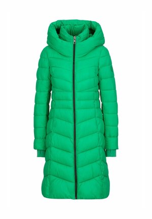 Grüne gepolsterte Jacke mit hohem Kragen und übergroßer Kapuze. Mit durchgehendem Reißverschluss und einem Chevron-Steppmuster über die gesamte Jacke.