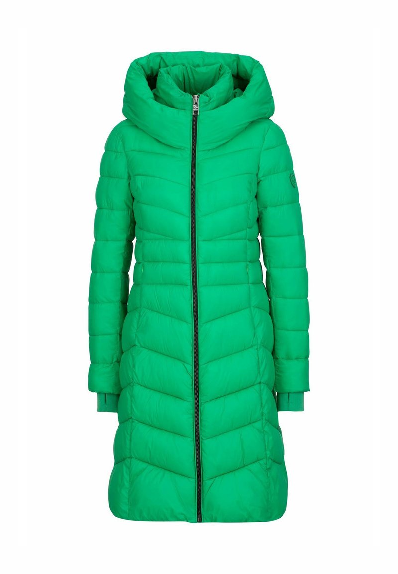 Groene gewatteerde jas met een hoge kraag en een oversized capuchon. Bevat een ritssluiting over de volle lengte en een chevron-quiltpatroon over het hele kledingstuk.