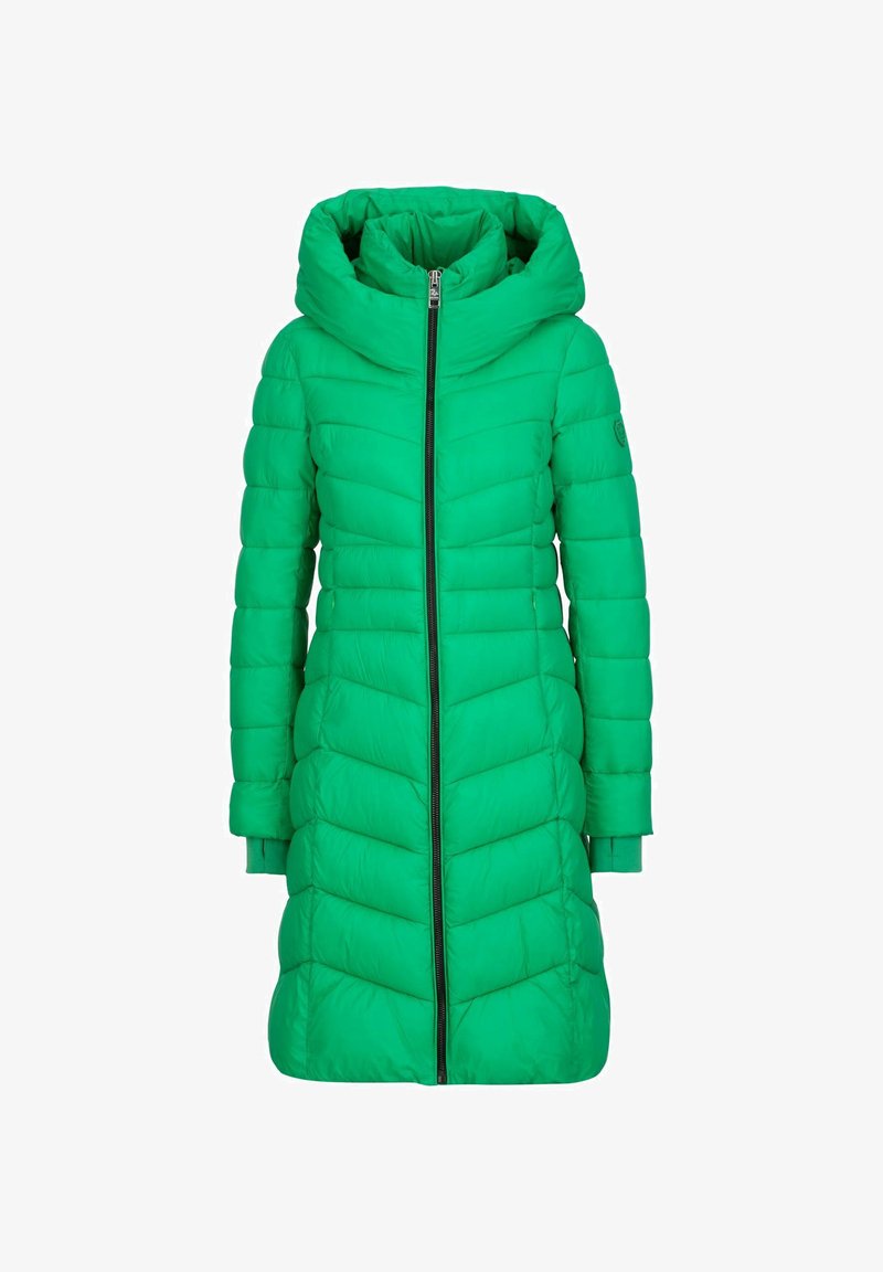 Grüne gepolsterte Jacke mit hohem Kragen und übergroßer Kapuze. Mit durchgehendem Reißverschluss und einem Chevron-Steppmuster über die gesamte Jacke.