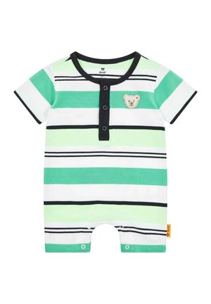 Kurzärmeliger Baby-Strampler mit grünen, weißen und schwarzen Streifen, schwarzem Besatz, Frontknöpfen und einem kleinen Teddybär-Aufnäher auf der Brust.