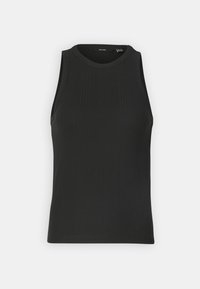 Svart ermeløs topp med ribbestruktur, rund halslinning og formtilpasset design. Laget av et mykt, stretchy materiale.