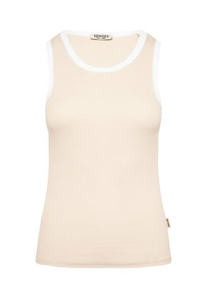 Beige ribbed sleeveless tank top with white trim around armholes and neckline, labeled "Senses The Label."