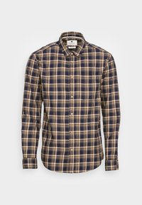 Camisa de manga larga en azul marino con patrón de cuadros en amarillo y beige, cuello abotonado y botones en la parte delantera, fabricada en tela suave.