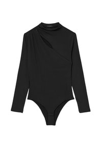 Bodysuit noir à manches longues avec un col montant, design avant asymétrique, détails froncés sur une épaule et une fermeture à pression au bas.