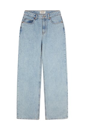 Jeans ampi a vita alta di colore azzurro chiaro, realizzati in denim. Presentano cinque tasche, dettagli nelle cuciture e una chiusura con bottone in vita.