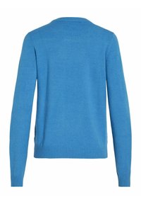 Pull bleu clair, col rond et poignets côtelés, manches longues, texture lisse, coupe droite, sans motifs ni ornements visibles.