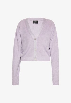 Fioletowy krótki kardigan wykonany z teksturowanej dzianiny, z dekoltem w serek, długimi rękawami i pięcioma srebrnymi guzikami z przodu.