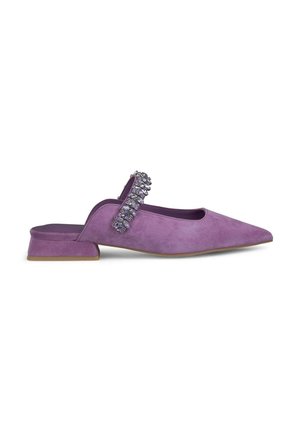 Purple suede shoe with a pointed toe, low block heel, and a decorative strap featuring rhinestones. Smooth texture, elegant design.